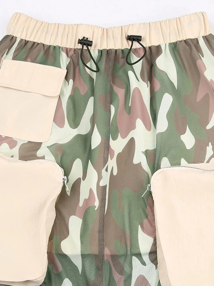 Camouflage Waist Pockets Mesh Skirt