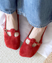 Comfortable Red Suede Splicing Flats Square Toe