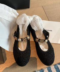 Black Women Woolen Splicing Flat Shoes Buckle Strap