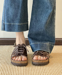 Brown Hollow Out Lace Up Splicing Platform Sandals Peep Toe