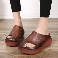 Retro Women Leather Wedge Slippers