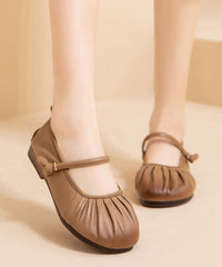 Brown Comfy Cowhide Leather Women Splicing Flat Shoes Wrinkled