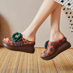 Women Leather Vintage Wedge Slippers