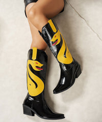 Chic Black Boots Chunky Faux Leather Splicing Pointed Toe