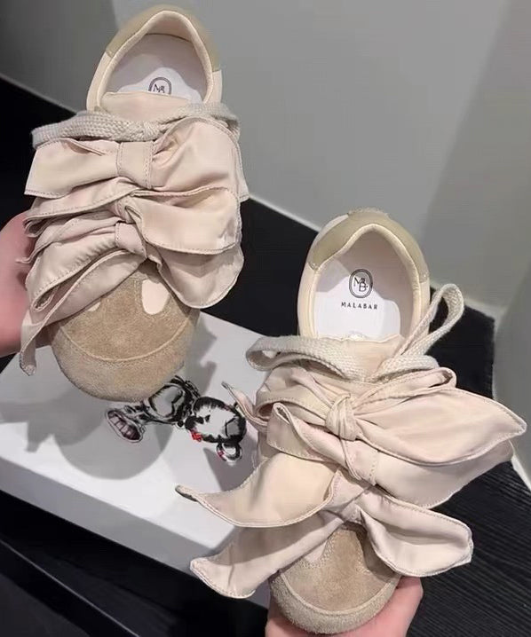 Casual Bow Splicing Flat Shoes For Women Apricot Suede