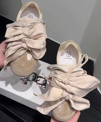 Casual Bow Splicing Flat Shoes For Women Apricot Suede