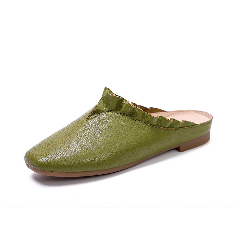 Women Vintage Leather Ruffle Trim Casual Slippers