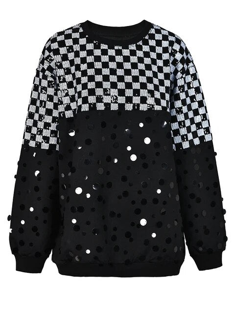 Checkerboard Sequined Round Neck Sweatshirt
