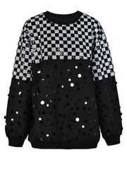 Checkerboard Sequined Round Neck Sweatshirt