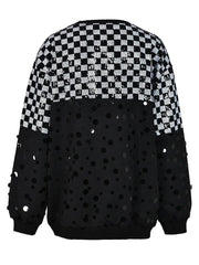 Checkerboard Sequined Round Neck Sweatshirt