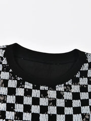 Checkerboard Sequined Round Neck Sweatshirt