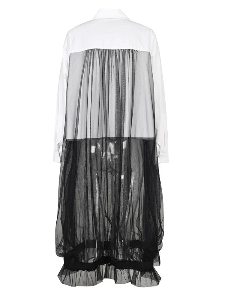 Color-block Mesh Oversized Shirt Dress