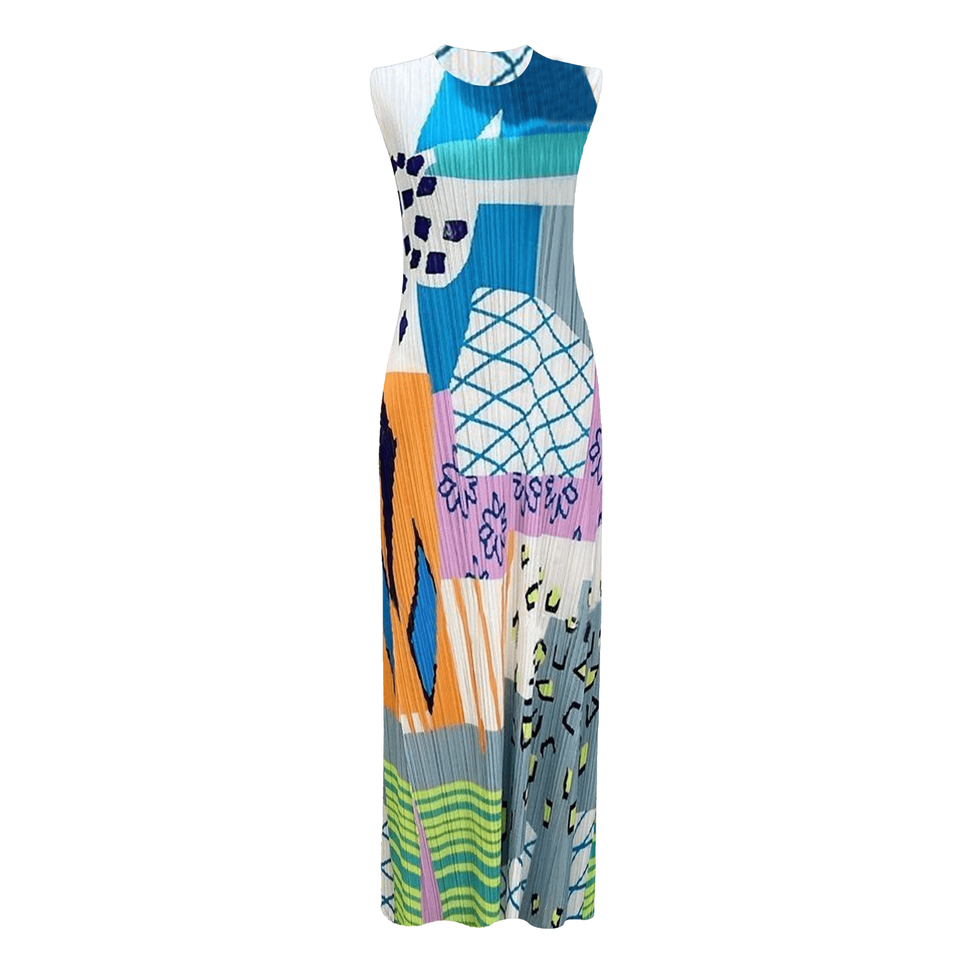 Colorful Print Pleated Sleeveless Dress