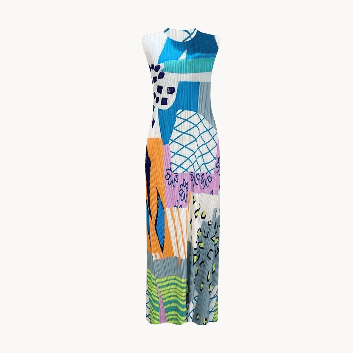 Colorful Print Pleated Sleeveless Dress