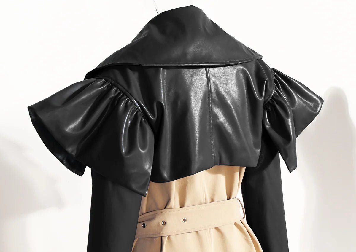 Contrast Cape Top Belted Coat