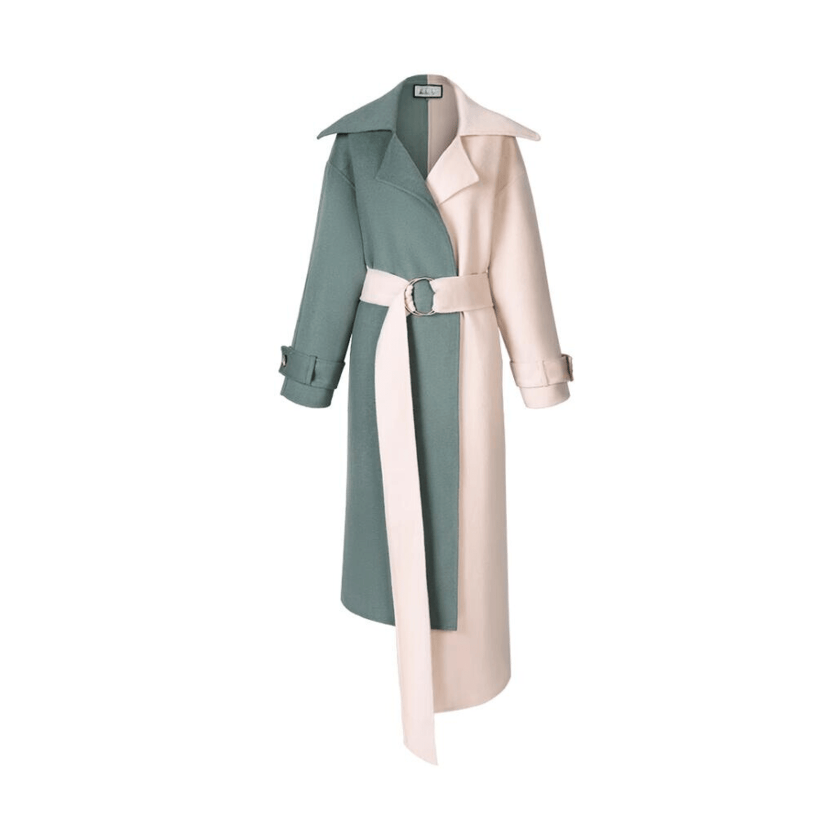 Contrast Color Asymmetric Hem Belted Coat