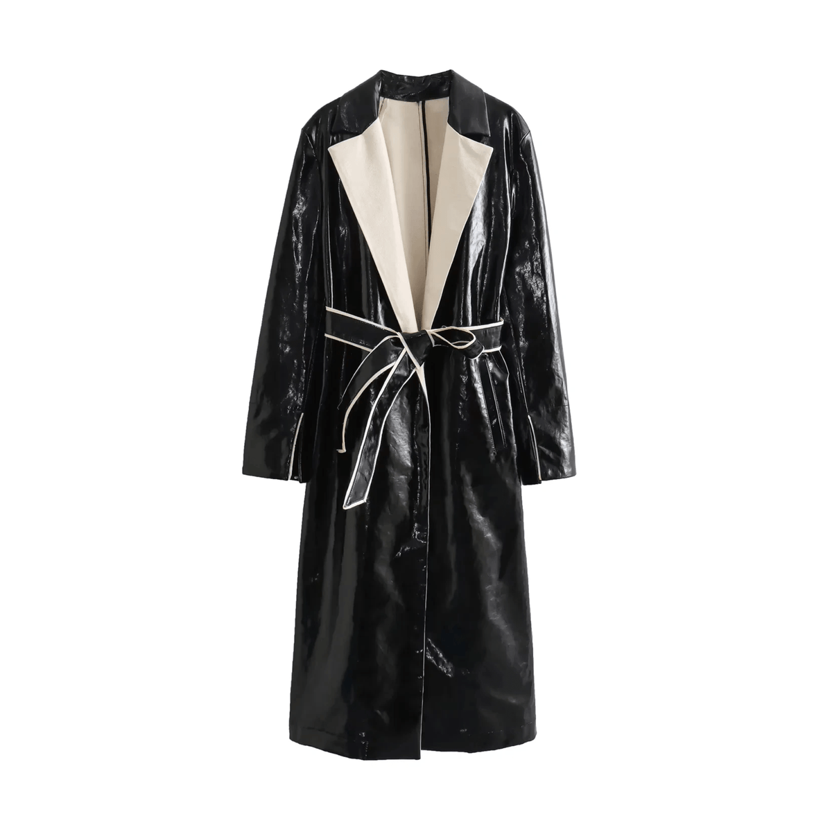 Contrast Lapel Vegan Leather Coat