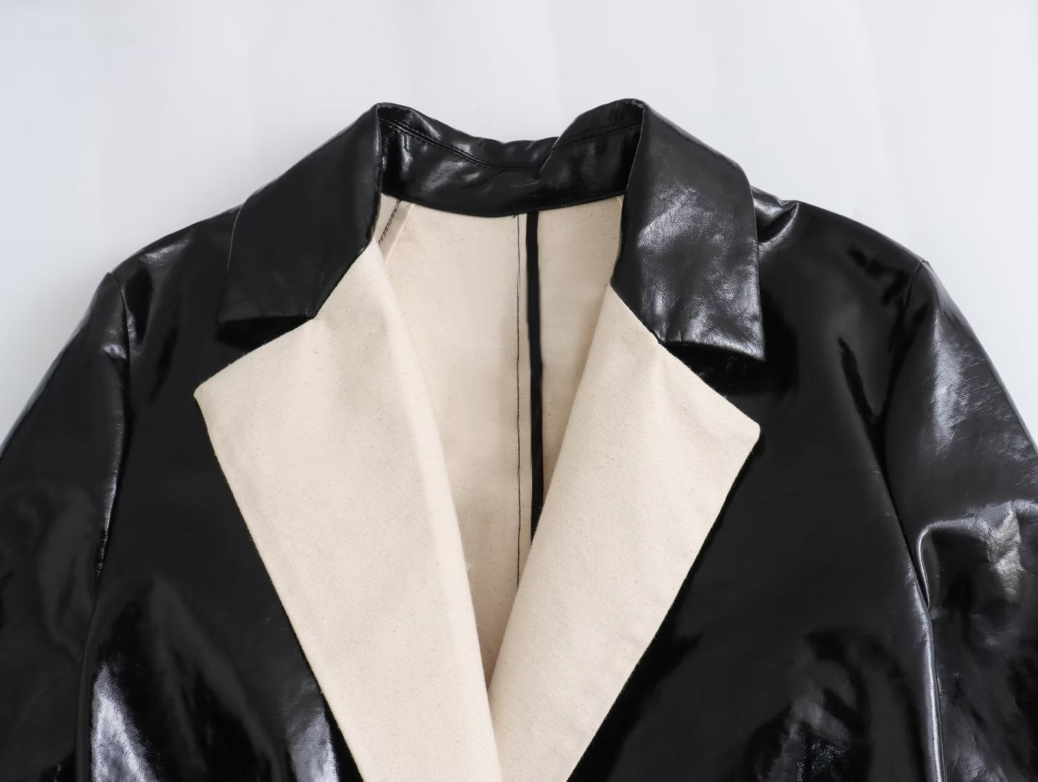 Contrast Lapel Vegan Leather Coat