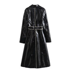 Contrast Lapel Vegan Leather Coat