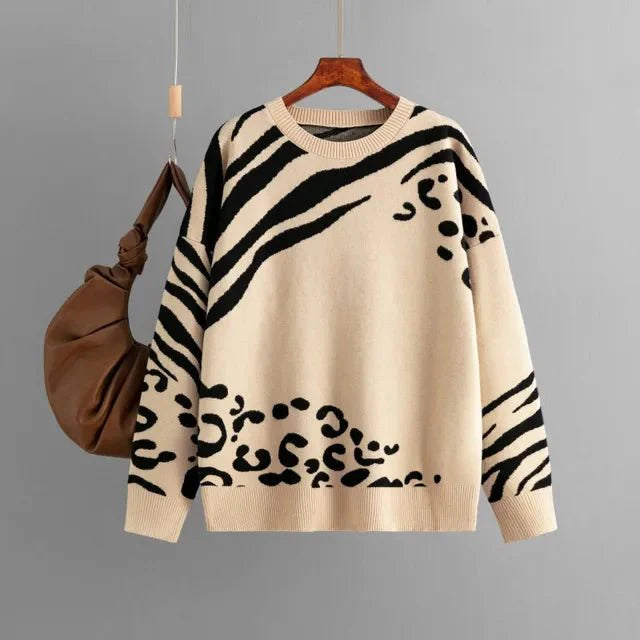 Contrast Leopard Zebra Knit Sweater