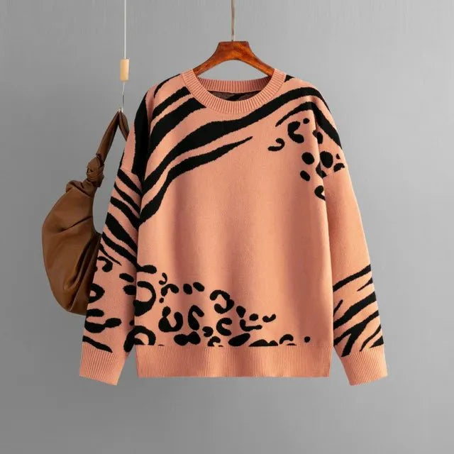 Contrast Leopard Zebra Knit Sweater