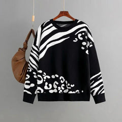 Contrast Leopard Zebra Knit Sweater