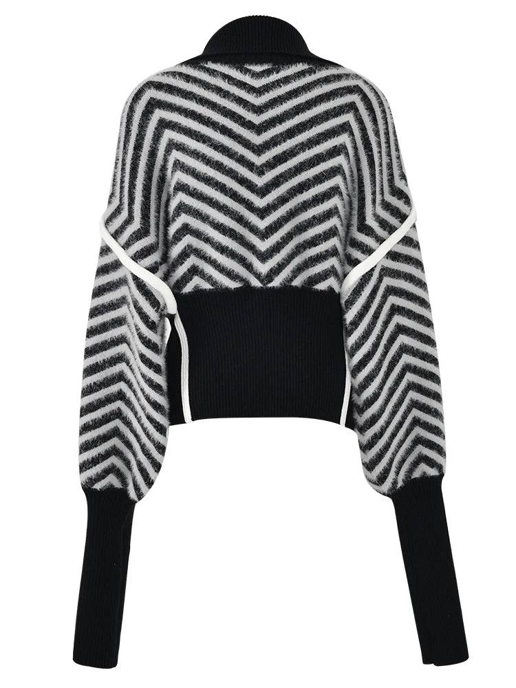 Contrast Stripes Zip-Up Knit Cardigan