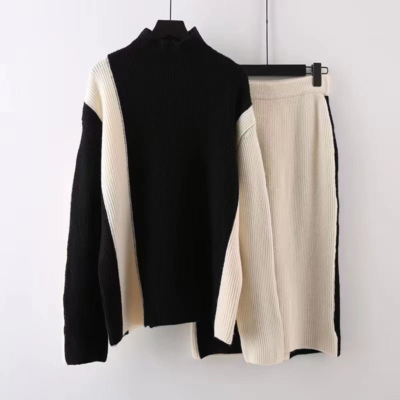 Contrast Sweater+Skirt Knit Set