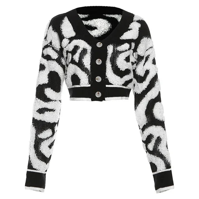 Contrast Swirls Cropped Knit Sweater