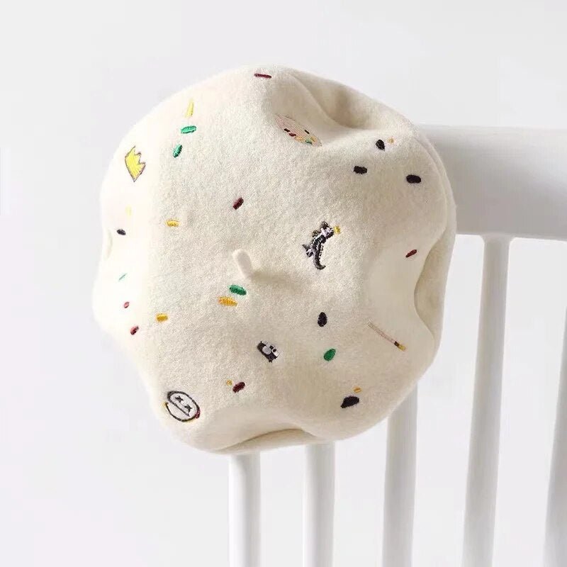 Cream Embroidered Emojis Beret