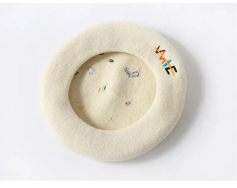 Cream Embroidered Emojis Beret