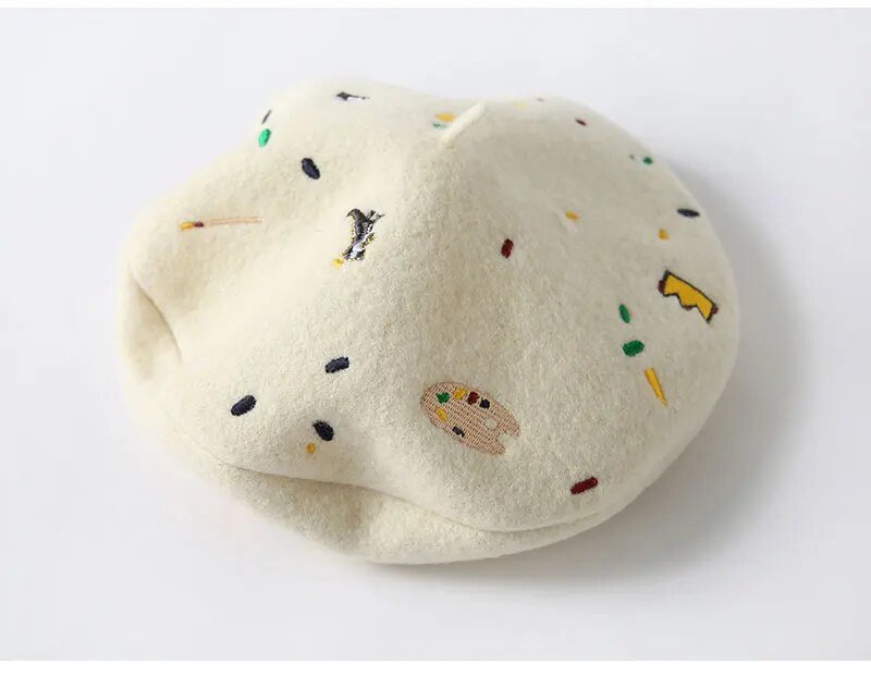 Cream Embroidered Emojis Beret