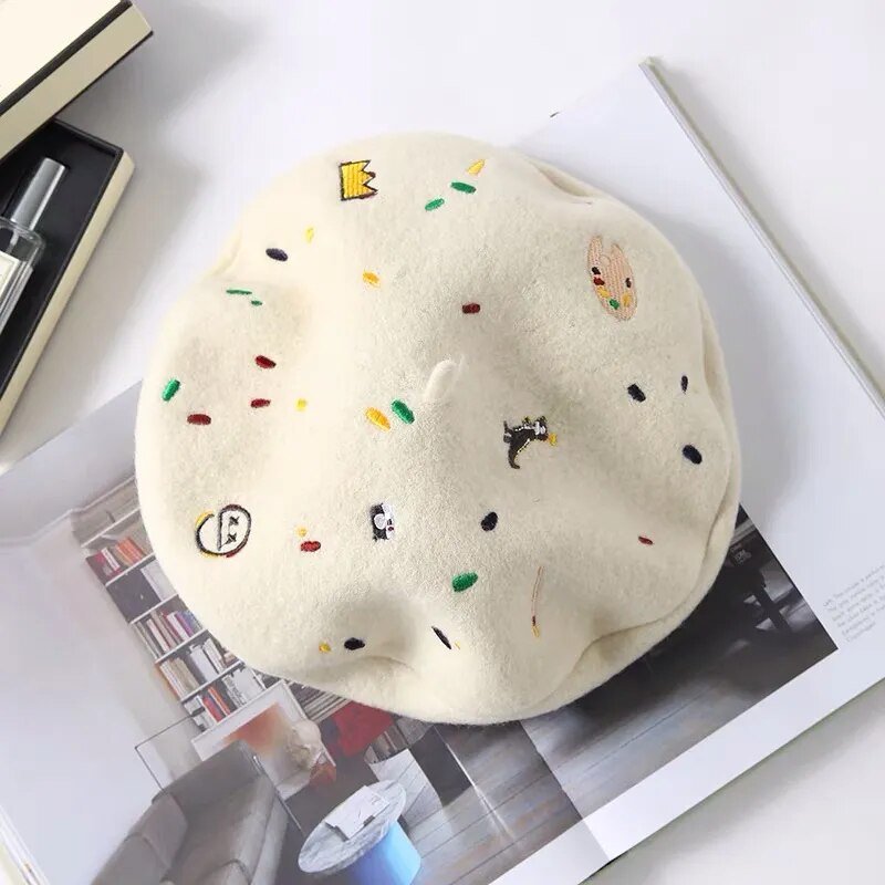 Cream Embroidered Emojis Beret