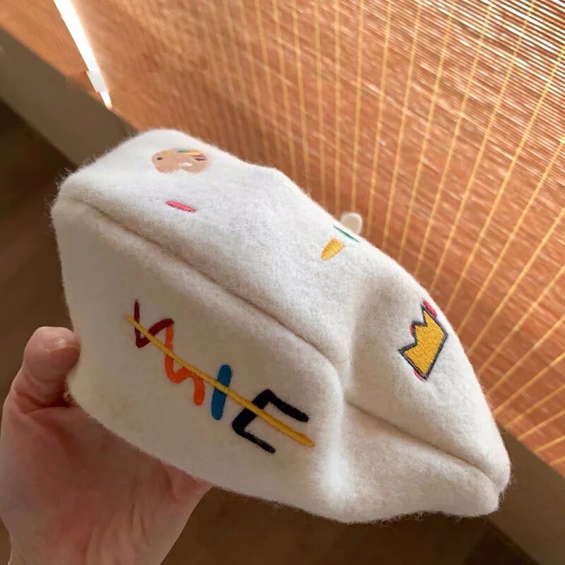 Cream Embroidered Emojis Beret