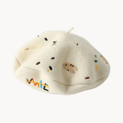 Cream Embroidered Emojis Beret