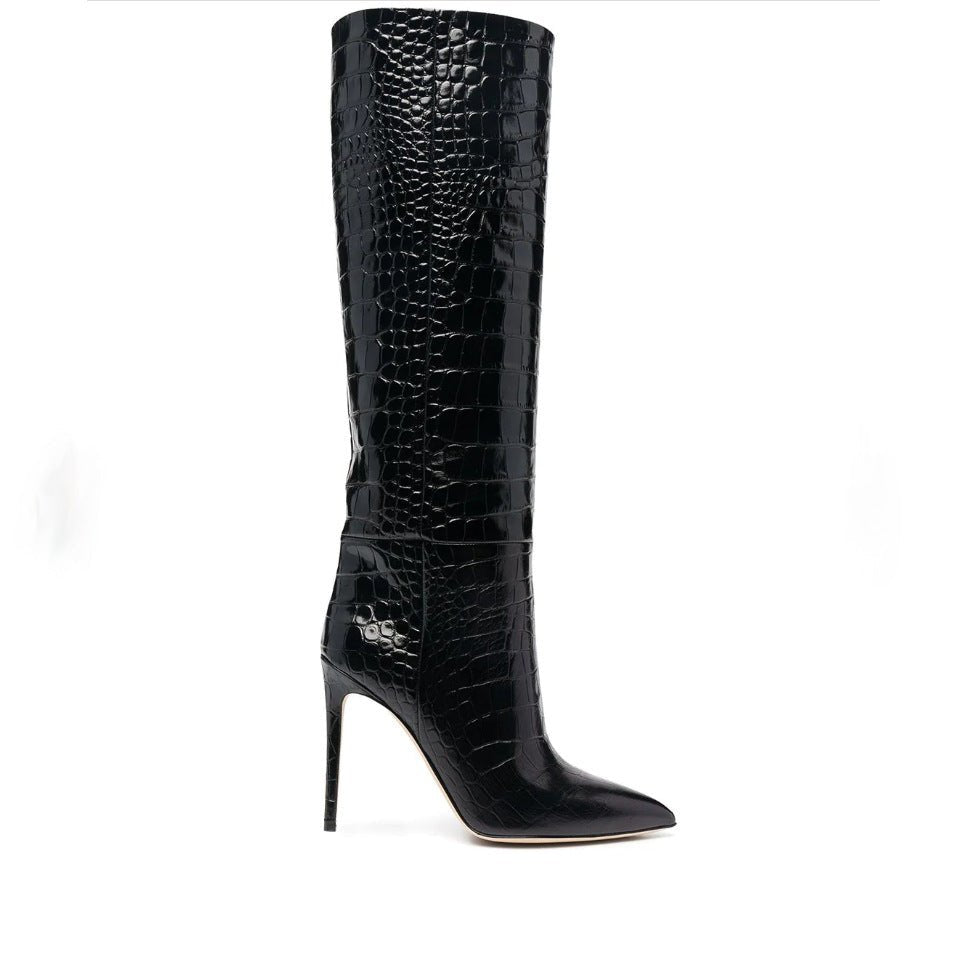 Crocodile Print Slip-on Long Boots