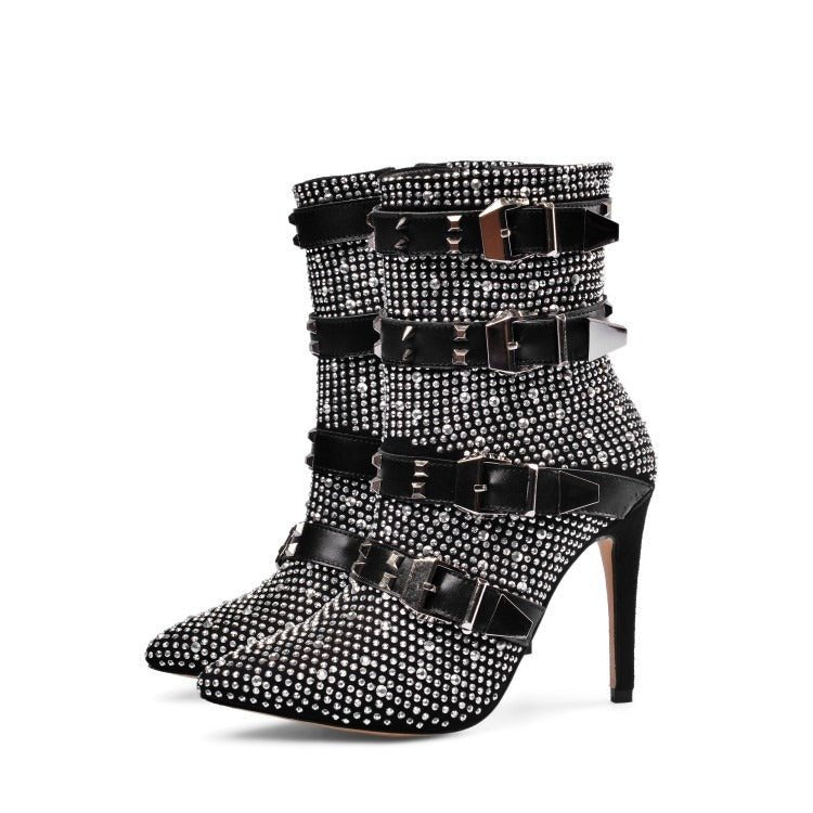 Crystal Studs Buckle Short Boots