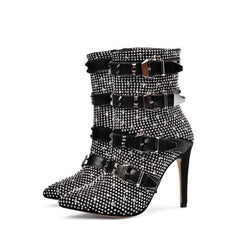 Crystal Studs Buckle Short Boots