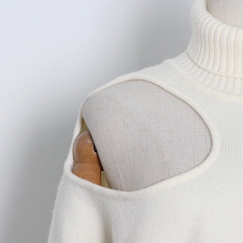 Cutoff Shoulder Turtleneck Knit Sweater