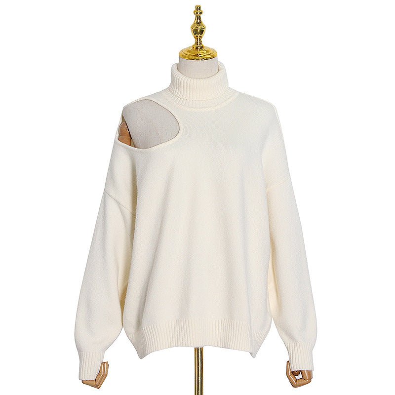 Cutoff Shoulder Turtleneck Knit Sweater