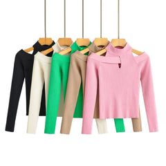 Cutoff Shoulders Stretchable Knit Sweater