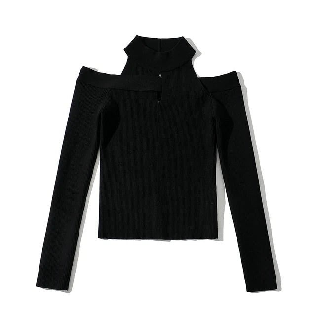 Cutoff Shoulders Stretchable Knit Sweater