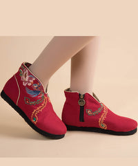 Black Embroideried Boots Cotton Fabric Zippered Ankle Boots