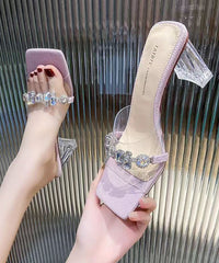 Purple Zircon Clear Chunky Heel Slide Sandals Peep Toe New