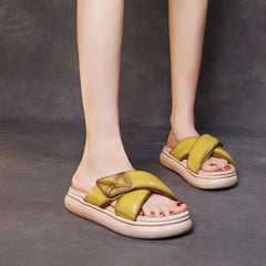 Sheepskin Leather Women Velcro Tape Flat Slippers