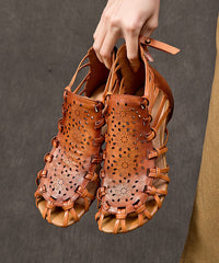 Brown Hollow Out Cowhide Leather Splicing Sandals