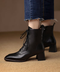 Chocolate Chunky Cowhide Leather Cross Strap Splicing Boots