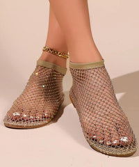 Black Hollow Out Zircon Flat Sandals Breathable Mesh New