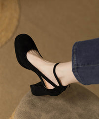 Black Suede Splicing Chunky Heel Sandals Hollow Out Buckle Strap