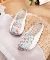 Retro Splicing Embroideried Flat Slide Sandals Light Green Cotton Fabric